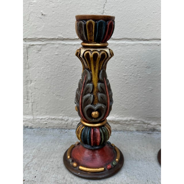 Baroque Vintage Hand-Carved Polychrome Wood Candle Holders – Pair For Sale - Image 3 of 12