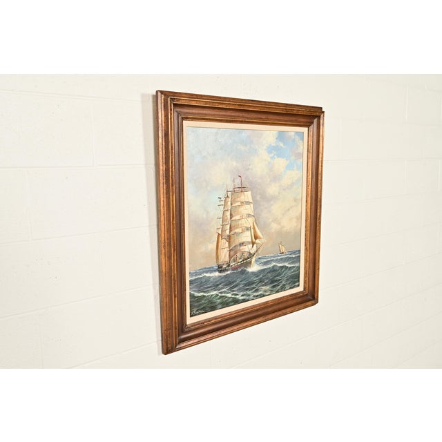 Traditional Georg Seekatz Reproduction Oil Painting on Canvas of Clipper Ship in Carved Giltwood Frame For Sale - Image 3 of 16