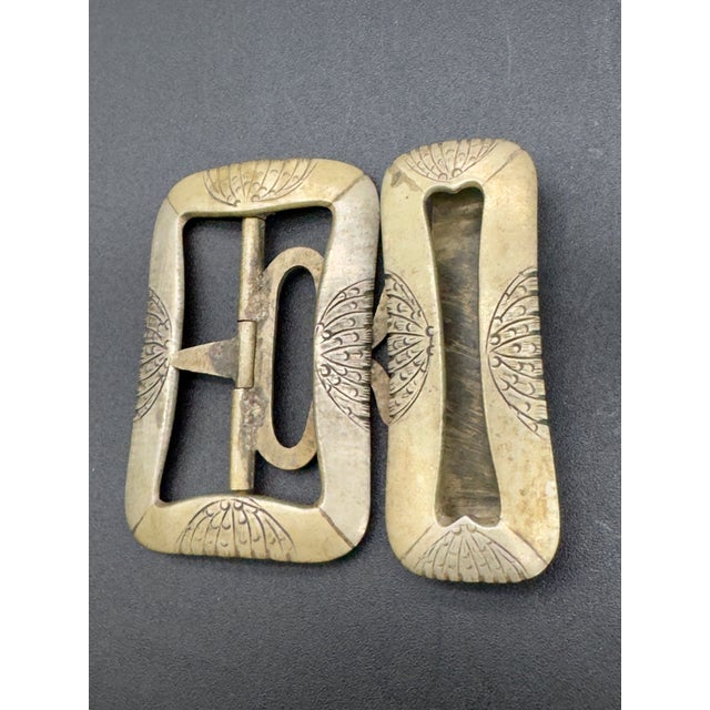 Metal Antique Asian Brass Etched Belt Buckles, Full Set For Sale - Image 7 of 7