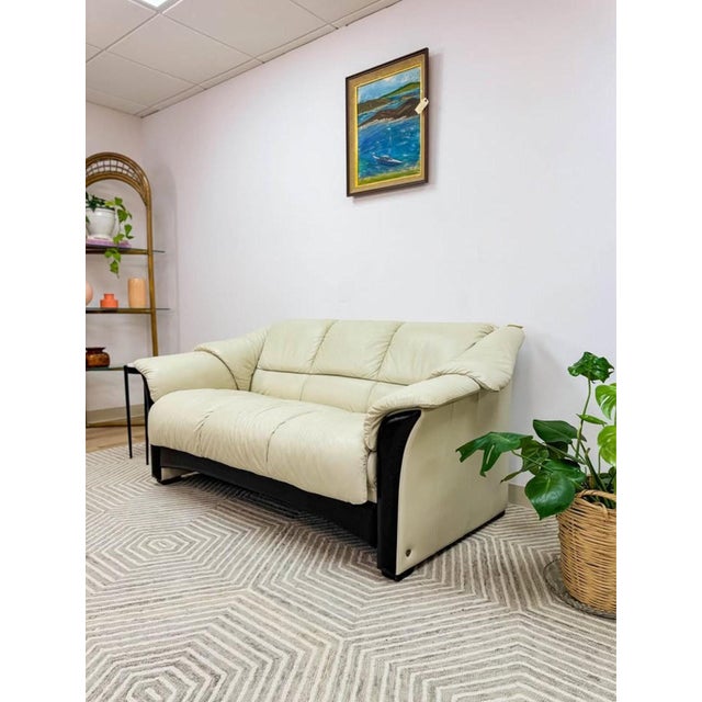 Ekornes Collection Stressless Oslo Loveseat, Cream Color Genuine Leather For Sale - Image 9 of 10
