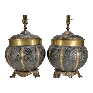 1980s Embossed Brass Globe Form Table Lamps Set John Richard - a Pair For Sale