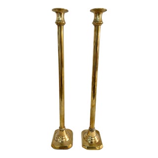 Mid to Late 18” Solid Brass Column Form Candlesticks With Octagonal Bases Vintage Hollywood Regency For Sale