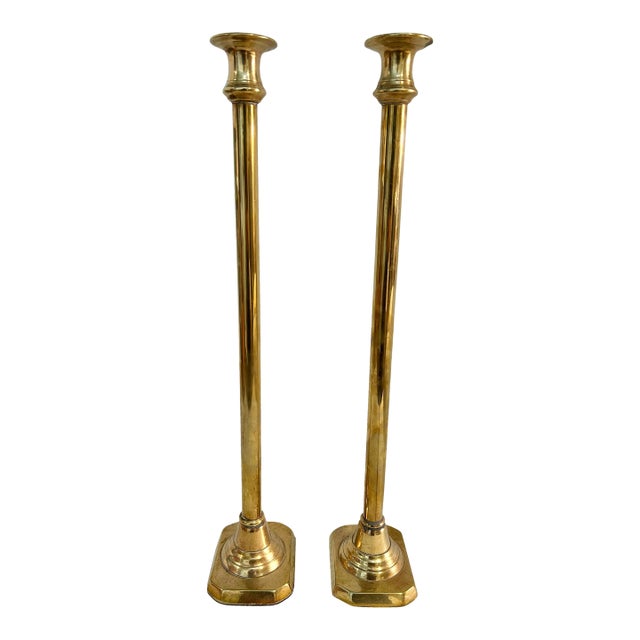 Mid to Late 18” Solid Brass Column Form Candlesticks With Octagonal Bases Vintage Hollywood Regency For Sale