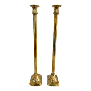 Mid to Late 18” Solid Brass Column Form Candlesticks With Octagonal Bases Vintage Hollywood Regency