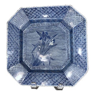 Antique Japanese Blue and White Octagonal Plate With Iris Motif For Sale