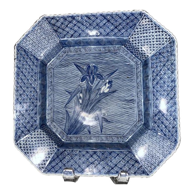 Antique Japanese Blue and White Octagonal Plate With Iris Motif For Sale