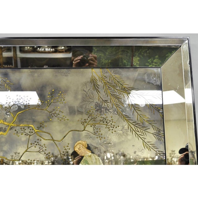 Glass Vintage Chinoiserie Orientalist Verre Eglomise Smoked Glass Figural Wall Mirror For Sale - Image 7 of 16