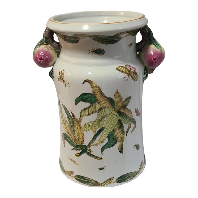 Vintage Asian Hand Painted Porcelain Butterflys Pomegranate Handles Vase For Sale