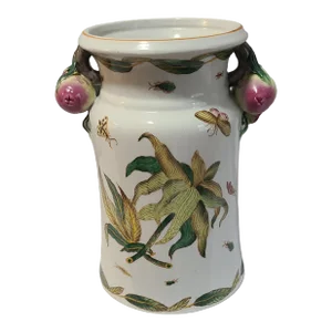 Vintage Asian Hand Painted Porcelain Butterflys Pomegranate Handles Vase