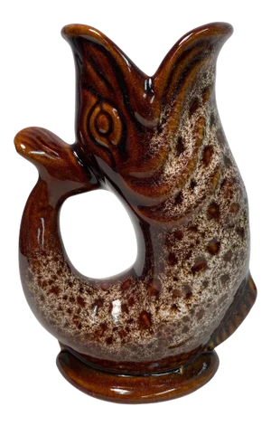Vintage Brown Fish Glug / Gurgling Jug Made by Fosters Studio Pottery in Cornwall, England.