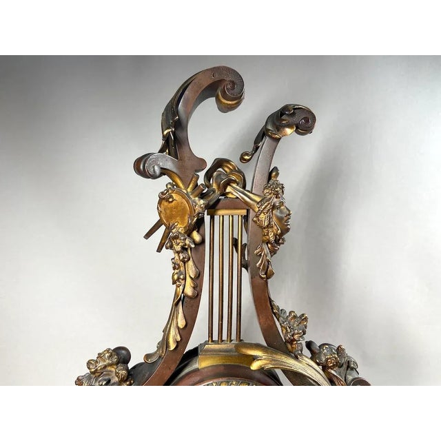 Antique 19th Century Bronze Lyre Clock (1840-1860) With Original Patina and Marble Base For Sale - Image 9 of 12