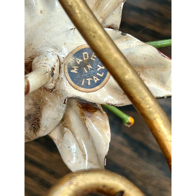 1960s Pair Vintage Italian Hand Painted Gilt Tole Sconces For Sale - Image 5 of 6