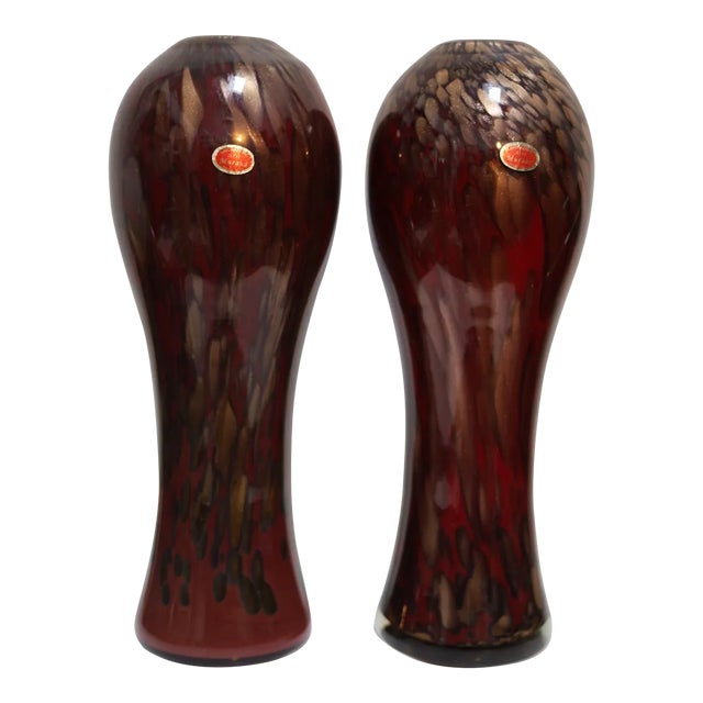 Mid-Century Ruby and Avventurina Murano Glass Vases - a Pair For Sale