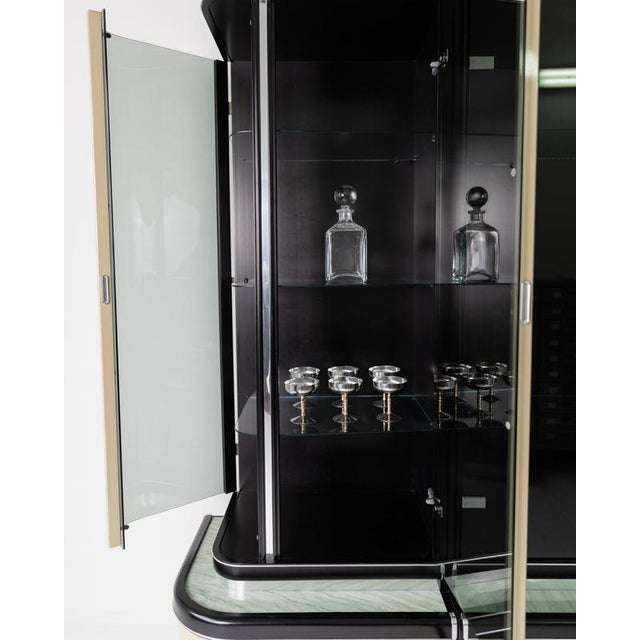 Cream Vintage Art Deco Style Bar Cabinet in Lacquered Wood, Green Marble, Aluminium and Curved Smoked Glass, 1950s For Sale - Image 8 of 17