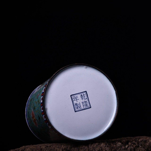 Vintage Enamel on Copper Brush Pot With Floral & Butterfly Motifs – Qing Style For Sale - Image 4 of 9