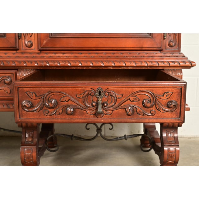 Wood Antique Spanish Renaissance Revival Monumental Ornate Carved Walnut Sideboard or Bar Cabinet For Sale - Image 7 of 15
