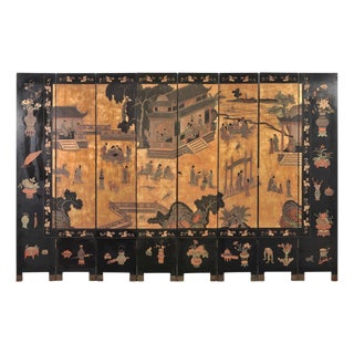 Chinese Export Eight-Panel Coromandel Screen Gilt Pavilion 10 Ft For Sale