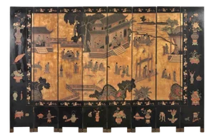 Chinese Export Eight-Panel Coromandel Screen Gilt Pavilion 10 Ft