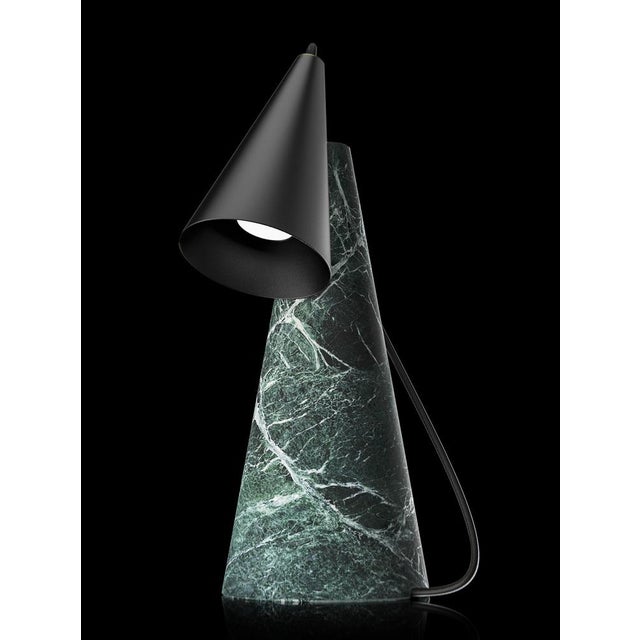 Table lamp with Guatemala green stone base and conic black painted lightshade. European Plug (up to 250V).