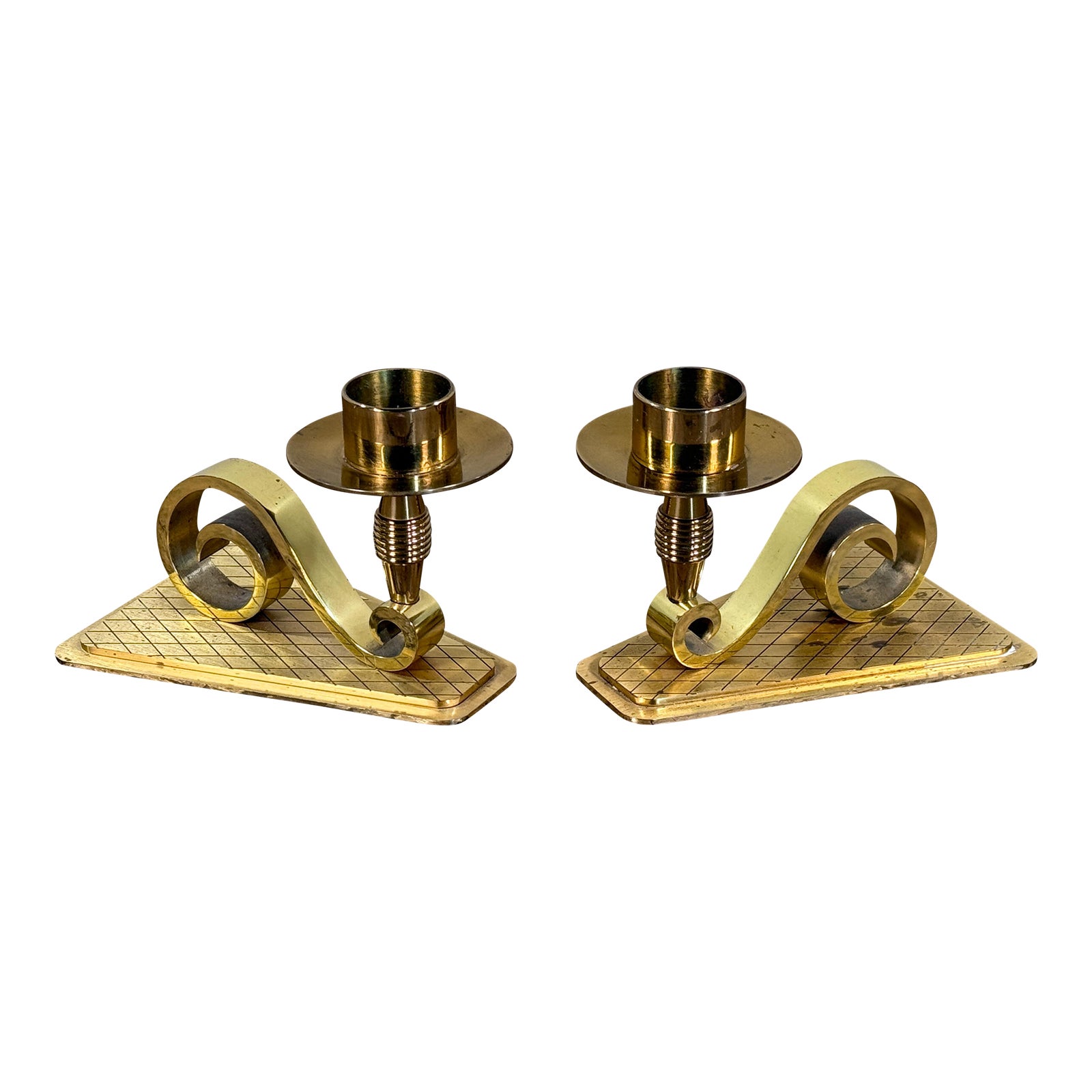 Mid Century Modern Swiss Brass Candlesticks Pair With Sculptural Scroll Bases