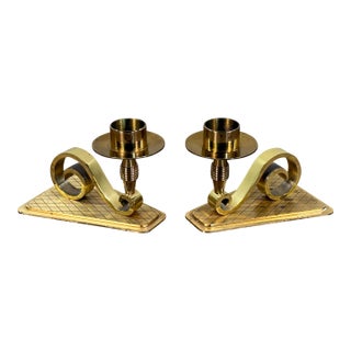 Mid Century Modern Swiss Brass Candlesticks Pair With Sculptural Scroll Bases For Sale