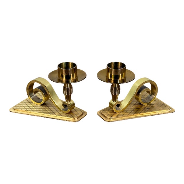 Mid Century Modern Swiss Brass Candlesticks Pair With Sculptural Scroll Bases For Sale