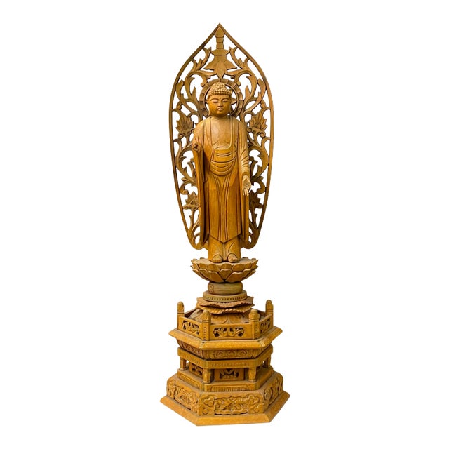 Chinese Sandal Wood Lotus Base Abhaya Mudra Buddha Statue For Sale