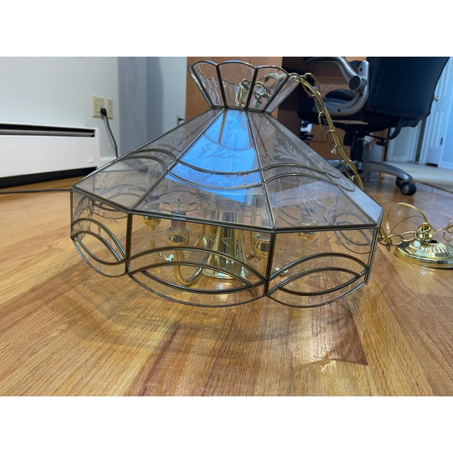 Arts & Crafts Vintage Leaded Glass Pane Chandelier For Sale - Image 3 of 9