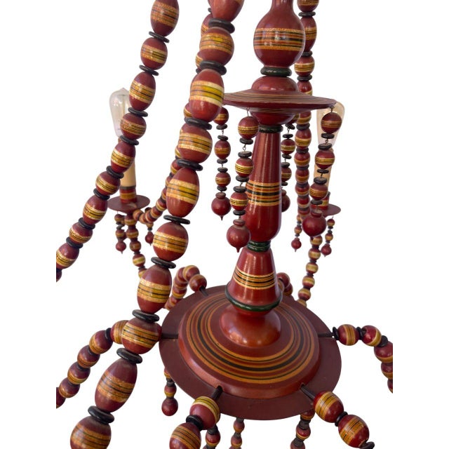 1950s 1950's Turkish Hand-Carved Wooden 6-Arm Chandelier Beaded & Hand-Painted For Sale - Image 5 of 6