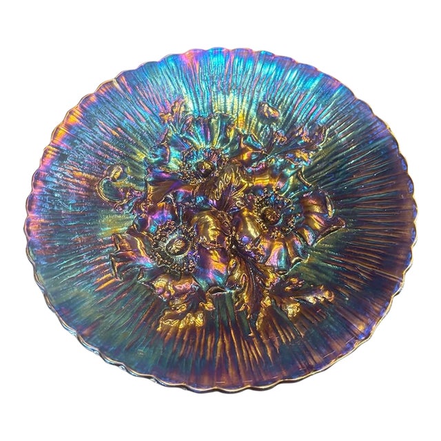 Poppy Show Carnival Glass Plate by Northwood in Electric Blue or Amethyst For Sale