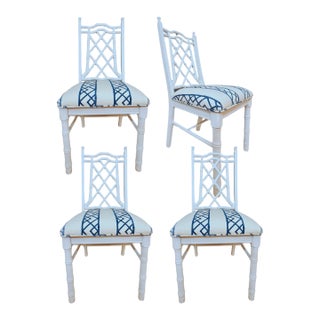 Mid 20th Century Set of 4 Custom Upholstered Lattice-Back Chairs For Sale