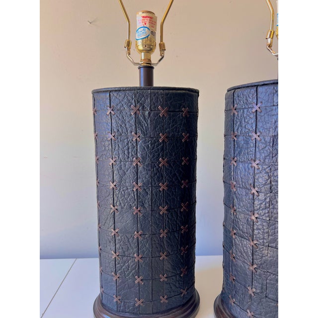 Mid-Century Modern Vintage Black Leather Patchwork Cross Stitch Table Lamps; A Pair For Sale - Image 3 of 9