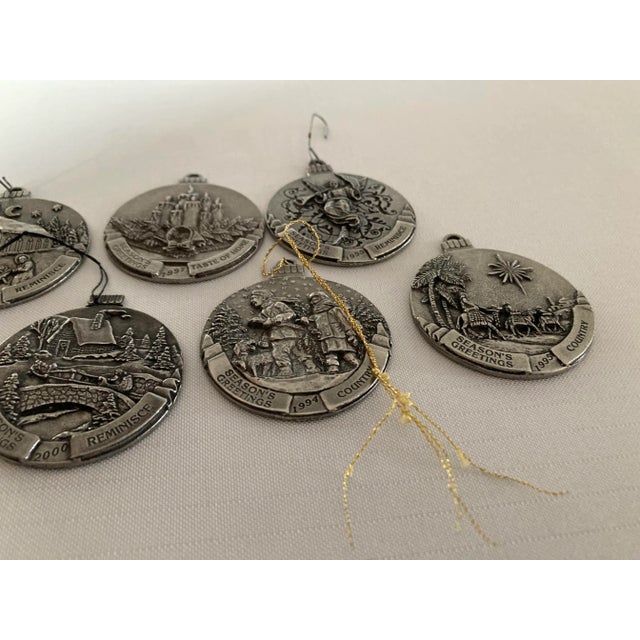 American Vintage Season’s Greetings Pewter Christmas Tree Ornaments - Set of 7 For Sale - Image 3 of 6