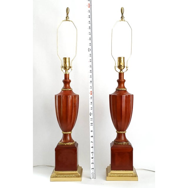 Christopher Spitzmiller, Inc Lamps Mahogany Brass Pair & Shades For Sale - Image 4 of 12
