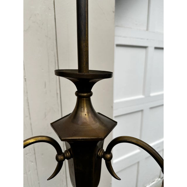 Vintage Three Arm Brass Fixture With Three Etched L Glass Shades For Sale In New York - Image 6 of 9