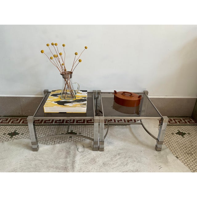 Pair of Metal Deco Tables With Smoked Glass Tops, 1960's, French For Sale - Image 16 of 17