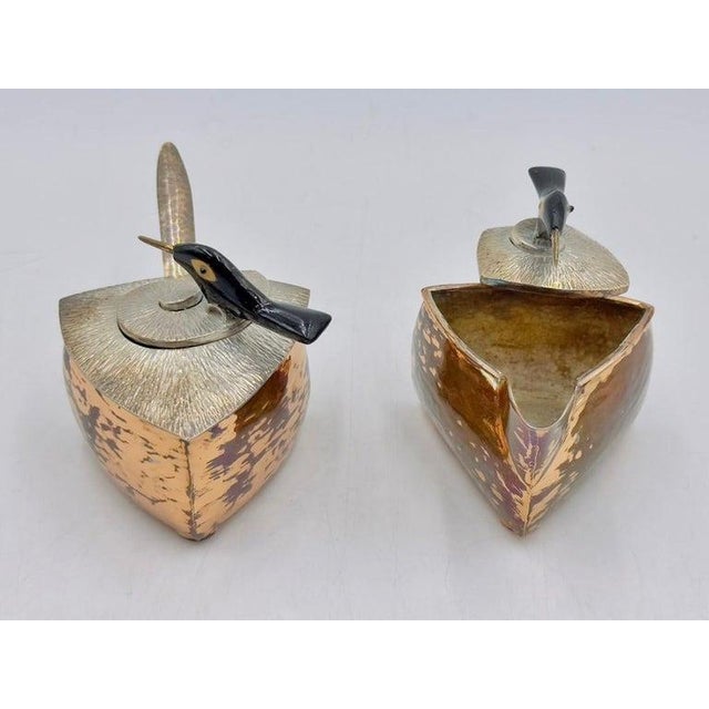 1980s Emilia Castillo Copper & Silver Creamer & Sugar Set With Bird Sculptures For Sale - Image 9 of 18