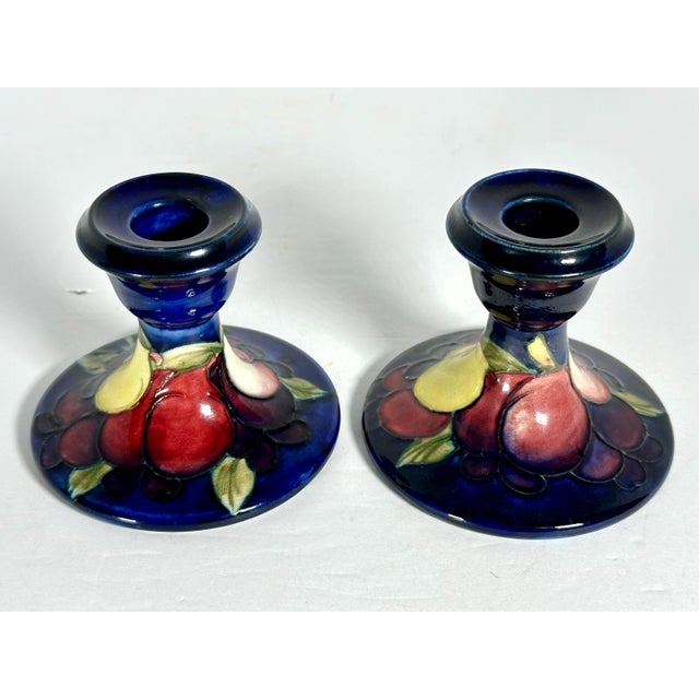 Arts & Crafts Moorcroft Wisteria Pottery Candlestick Holders Pair c. 1930s For Sale - Image 3 of 10