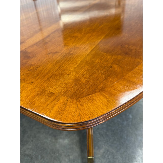 Brown Vintage Stanley Furniture American Craftsman Cherry Banded Double Pedestal Regency Dining Table For Sale - Image 8 of 12