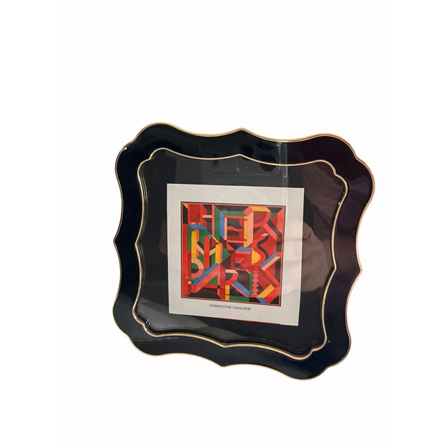 Contemporary Vintage 1980's Hermès “Perspective Cavalière” Print of Hermes Scarf Avertisement Art in Black & Gold Scalloped Frame For Sale - Image 3 of 10