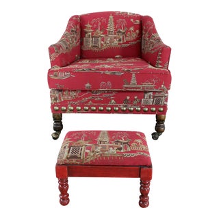 Vintage Chinoiserie Petite Red Armchair & Cricket Footstool For Sale