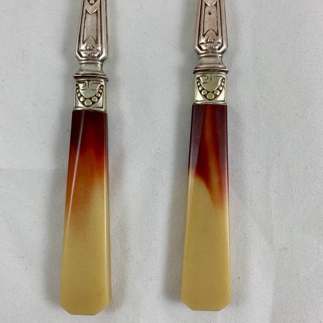 Metal French Art Deco Horn, Bakelite & Silver Plate Fork and Spoon Salad Servers in Case For Sale - Image 7 of 13