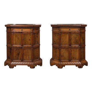Pair of 1800s Italian Carved Walnut Cabinets with Canted Sides, Drawer and Doors For Sale