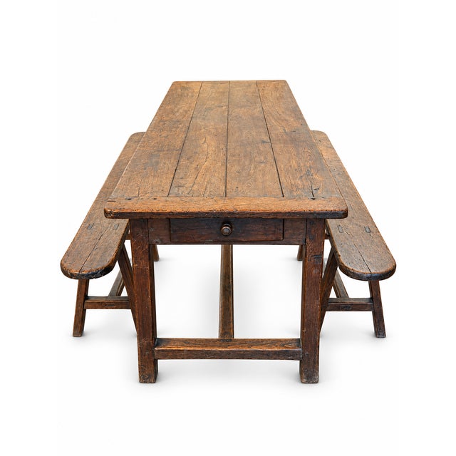 Large Antique Early 20th Century French Oak Farmhouse Table with Drawer and Two Benches For Sale - Image 4 of 10