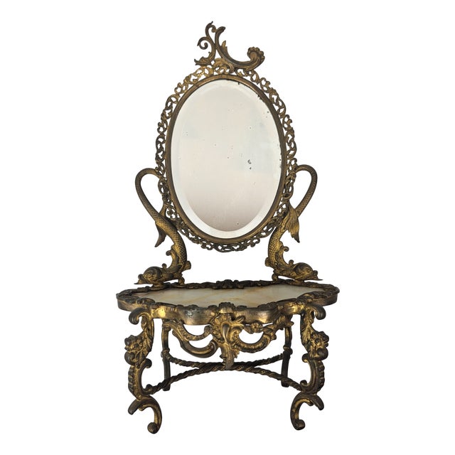19th-Century Rococo Revival Vanity Mirror with Gilt Bronze Frame and Onyx Top For Sale