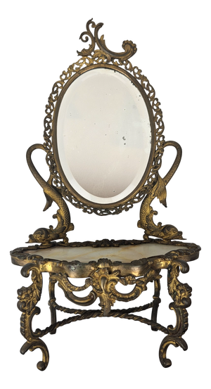19th-Century Rococo Revival Vanity Mirror with Gilt Bronze Frame and Onyx Top