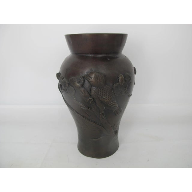 Bronze Vintage Chinese Asian Flower Bronze Vase W/Bird Blossom & Bamboo Design For Sale - Image 8 of 8