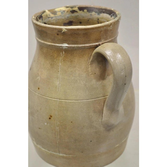 Late 19th Century Antique Primitive Stoneware Salt Glazed 8" Bulbous Water Pitcher With Handle For Sale - Image 5 of 11