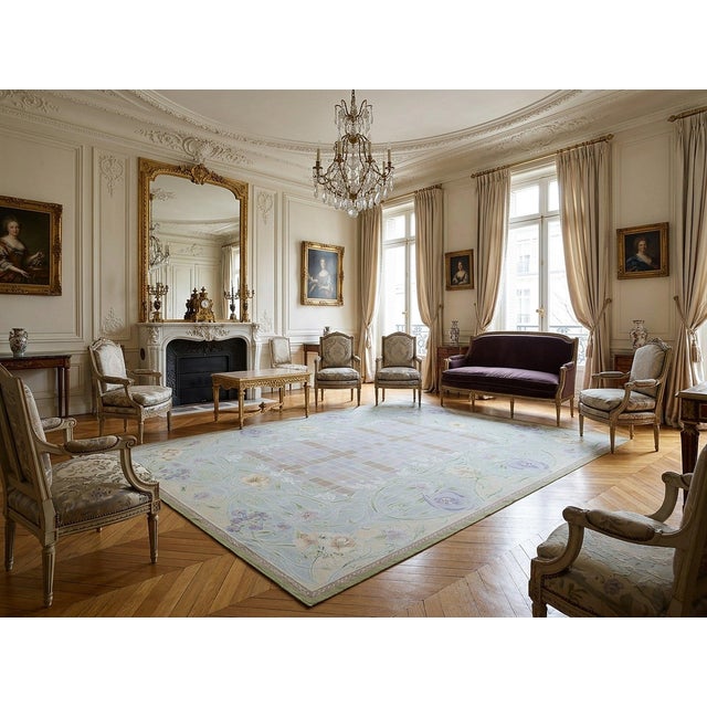 9x12 Vintage Aubusson Flat Weave Wool Rug, Light Blue Art Nouveau Floral For Sale - Image 13 of 15
