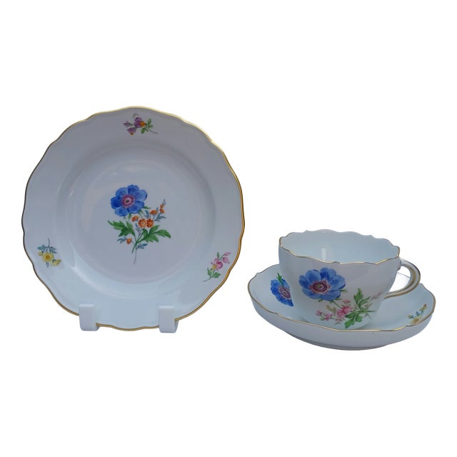 Vintage Porcelain Coffee & Tea Trio Set with Hand-Painted Blue Anemone from Meissen , 1970, Set of 3 For Sale